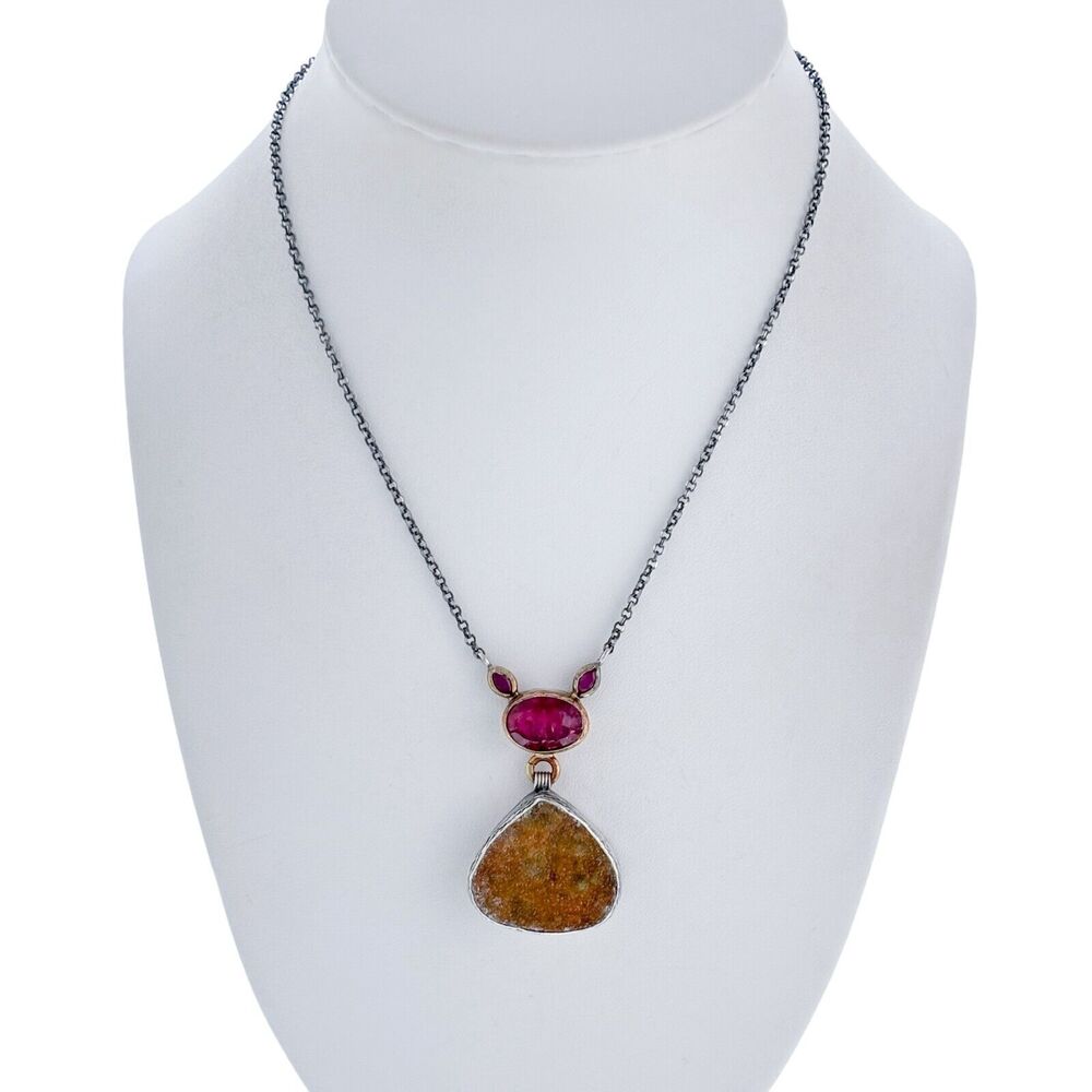 Red Ruby Druzy Quartz Lavalier Necklace | Vintage Sterling Silver 925 | 15"